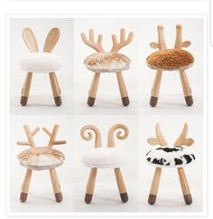 six different types of stools made out of wood and sheep's wool are shown