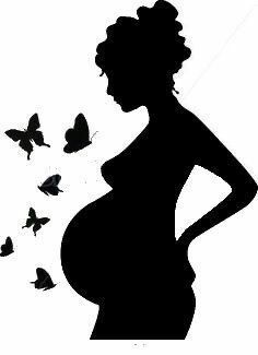 the silhouette of a pregnant woman with butterflies flying around her belly in black and white