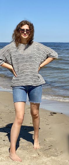 Linen Slouchy Knit Pullover Top / Loose Fit Summer Top /Summer | Etsy Cotton Summer Sweater Knitting Pattern, Open Knit Short Sleeve Top For Beach, Short Sleeve Open Knit Top For Beach, Knitted Crew Neck Top For The Beach, Knit Fabrication Crew Neck Sweater For The Beach, Beach Crew Neck Top With Textured Knit, Pointelle Knit Crew Neck Top For Vacation, Vacation Pointelle Knit Crew Neck Top, Pointelle Knit Top For The Beach