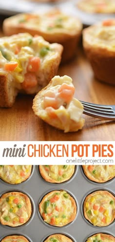 mini chicken pot pies in muffin tins on a table with a fork