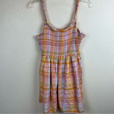 American Eagle Brand Sundress With Spaghetti Straps Nice Cutout Back Detail Plaid In Muted Orange & Peach New With Tags! Size Medium Fast Shipping/Non-Smoking Home Peach Sleeveless Sundress For The Beach, Peach Sleeveless Sundress For Brunch, Peach Sleeveless Beach Sundress, Sleeveless Peach Sundress For Beach, Peach Sleeveless Sundress For Vacation, Peach Sleeveless Sundress For Day Out, Summer Mini Dress With Spaghetti Straps In Orange, Apricot Sundress For Beach And Summer, Casual Apricot Sleeveless Sundress