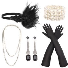 PRICES MAY VARY. 1920s Accessories Set: 1 pc feather headband, 1 pc faux pearl necklace, 1 pair of long gloves, 1 pc faux pearl bracelet and 1 pair of vintage earrings in the parcel, reproduction of 1920s Great Gatsby costume accessories to create a retro and attractive look. Exquisite Design: Our flapper headpiece is designed with elastic band and faux feathers, lightweight and elastic. Highly stretchy long satin gloves are properly elasticized. The classic faux pearl necklace and bracelet are Roaring 20s Accessories, Great Gatsby Accessories, Great Gatsby Costume, 20s Accessories, Long Satin Gloves, Gatsby Accessories, Drowsy Chaperone, 1920s Accessories, 1920s Great Gatsby