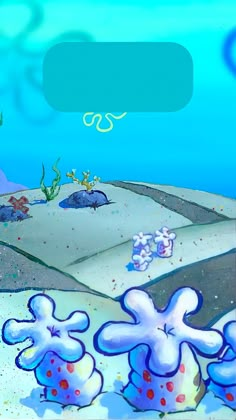 an animated cartoon scene with blue and white flowers in the foreground, under water