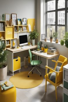 an office with yellow and green decor in the corner, along with a rug on the floor