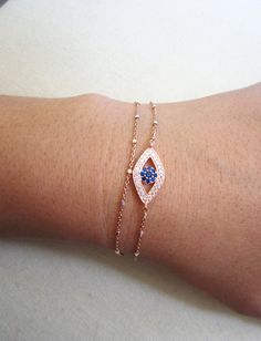 Evil Eye bracelet, layered bracelet, Rose gold satellite chain, Evil Eye Jewelry, celebrity inspired jewelry on Etsy, $64.00 Layered Bracelet, Necklace Star, Bracelet Rose Gold, Crescent Moon Necklace, Eye Bracelet, To The Moon And Back, Inspired Jewelry, Layered Bracelets, Evil Eye Bracelet