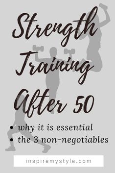 the words strength training after 50 are shown in black and white on a gray background