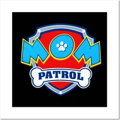 the logo for mom patrol with a dog's paw on it and a blue, red