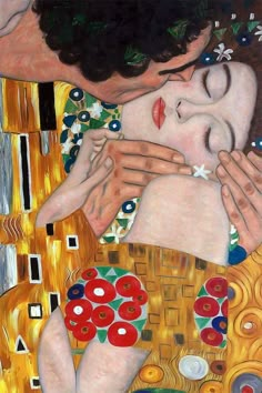 a painting of two people hugging each other with flowers on their chest and one woman's face in the background