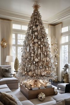 a living room with a large christmas tree in the center and lots of ornaments around it