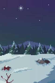 a pixellated image of a snowy landscape with trees and mountains in the background at night