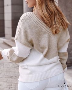 Lasaky - Chic and Sophisticated Colorblock Long Sleeve V-Neck Knit Sweater V Neck Knit Sweater, Classic Midi Dress, Dress With Shawl, Chic Type, Estilo Chic, Sweater Material, Types Of Dresses, Two Piece Outfit, Piece Dress