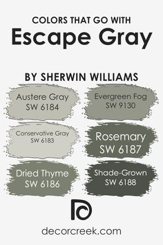 Colors that Go With Escape Gray SW 6185 by Sherwin Williams Sherwin Williams Fog, Austere Gray Sherwin Williams Exterior, Escape Gray Sherwin Williams, Austere Gray, Escape Gray, Sherwin Williams Coordinating Colors, Sherwin Williams Evergreen Fog, Evergreen Fog, Sherwin Williams Gray