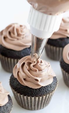 someone is decorating cupcakes with chocolate frosting