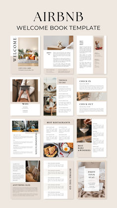 an air bnb welcome book template is shown in the middle of this page, with images