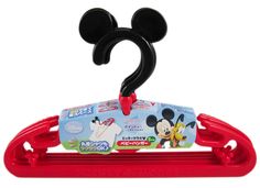 a mickey mouse head hanging from a red hanger