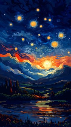 a painting of the night sky with stars and clouds over water, trees and mountains