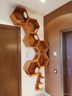 the shelves are made out of wood and have hexagonal shapes on them, as well as numbers