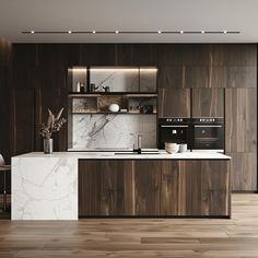 a modern kitchen with marble counter tops and wood paneling on the walls, along with wooden flooring