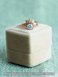 a diamond ring sitting on top of a white box