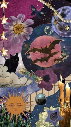 a cat sitting on top of a tiled floor next to flowers and stars in the sky