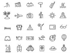 the icons for travel are shown in black and white, including an airplane, map, beach