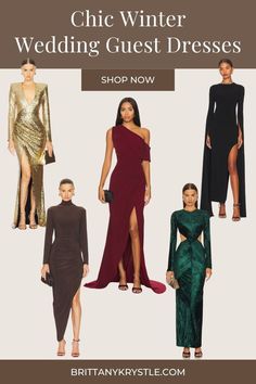 dresses for the winter wedding guest in burgundy, black and gold colors with text overlay that reads chic winter wedding guest dresses shop now