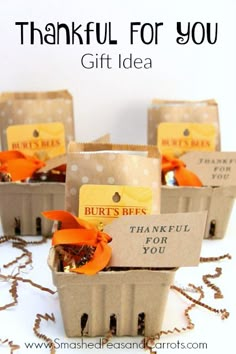 there are many small baskets with tags in them that say thank for you, gift idea