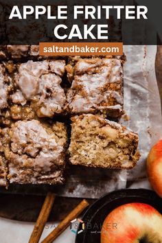 apple fritter cake is cut into squares and placed on top of each other