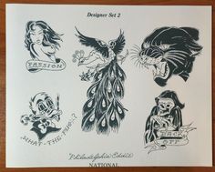 an old school tattoo flash sheet with different designs on it, including cats and peacocks