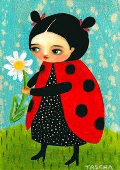 a painting of a ladybug holding a flower