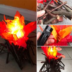 four pictures show the process of making a fire pit out of sticks and paper leaves