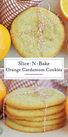 orange cardamoon cookies are stacked on top of each other