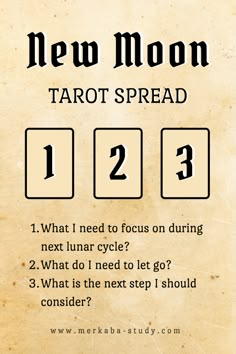 the new moon tarot spread is shown in black and white, with numbers below it