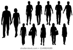 the silhouettes of people walking in different directions, all from one to three sides