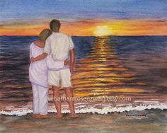 a painting of two people standing on the beach at sunset