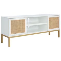 a white tv stand with wicker doors and drawers