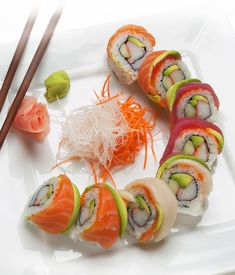 several sushi rolls are arranged on a plate