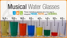 an advertisement for musical water glasses with different colored liquids in them and labeled on the bottom