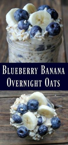 blueberry banana overnight oats in a jar with bananas and blueberries on top