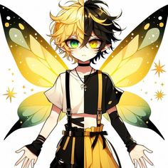 an anime character with yellow eyes and black hair, wearing a butterfly wings outfit while standing in front of a white background