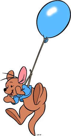 a cartoon mouse flying with a blue balloon in its mouth and holding on to it's tail