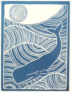 a blue and white drawing of a whale swimming in the ocean with swirly waves