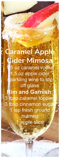 an apple cider mimosa recipe in a glass with ice and garnish