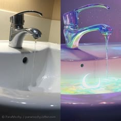 two pictures one with water running from a faucet and the other with soap bubbles