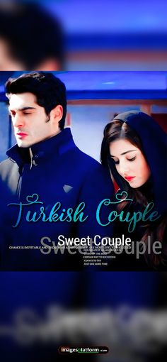 a man and woman standing next to each other in front of a blue background with the words turkish couple sweet couple