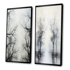 two black and white paintings hanging on the wall next to each other, with trees in the background