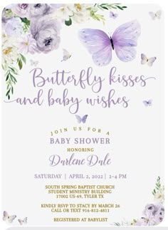 a baby shower with purple flowers and butterflies