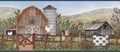 a painting of farm scene with barn and chickens