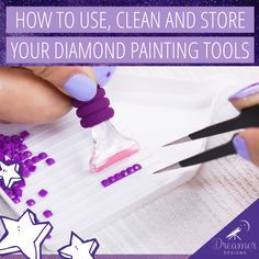 a woman is using purple nail polish on her nails to create an art project with diamonds