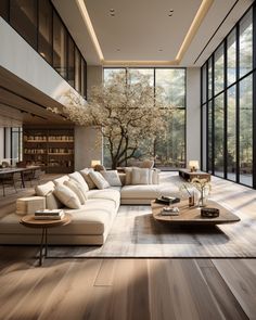 a living room filled with lots of furniture and large glass windows next to a wooden floor